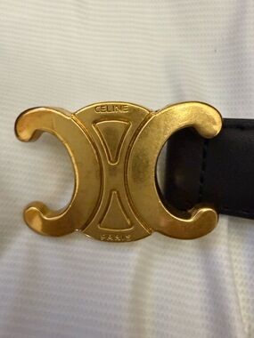 Celine Gold Double-C Logo Belt with Black Leather Strap